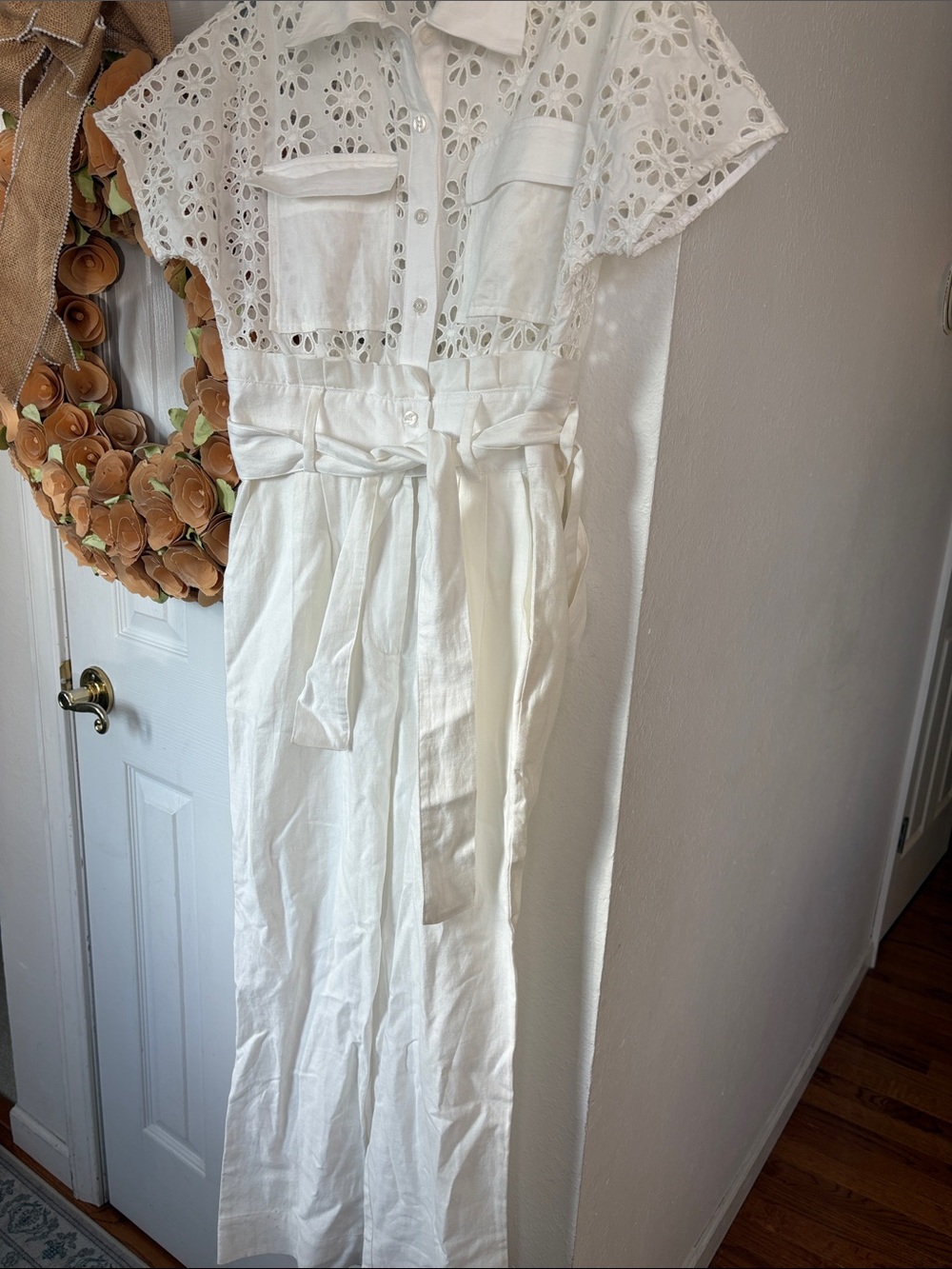 Christy Lynn Chase Jumpsuit White Size S Dandelion Eyelet Lace Linen Belted